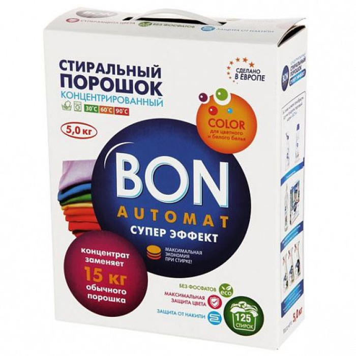 Концентрированный стиральный порошок BON Automat СУПЕР Эффект COLOR С ПОДДЕРЖКОЙ ЦВЕТА УНИВЕРСАЛЬНЫЙ BN-130 (5,0 кг) Концентрированный стиральный порошок BON Automat СУПЕР Эффект COLOR С ПОДДЕРЖКОЙ ЦВЕТА УНИВЕРСАЛЬНЫЙ BN-130 (5,0 кг)